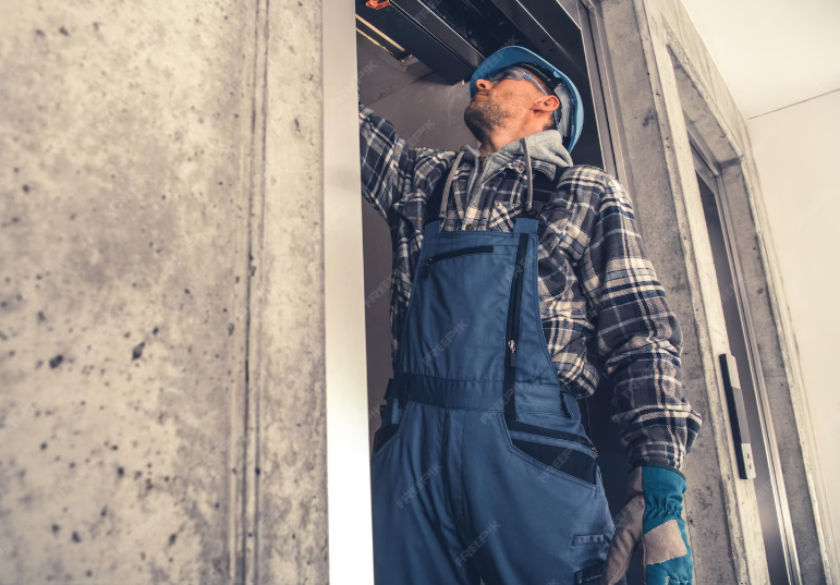 Professional elevator mechanic working in hoistway shaft